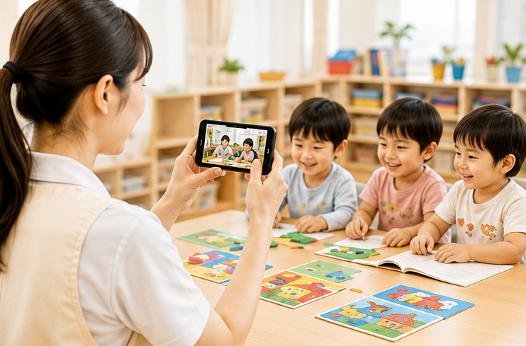保育園の先生がスマートフォンで子どもたちの様子を撮影している